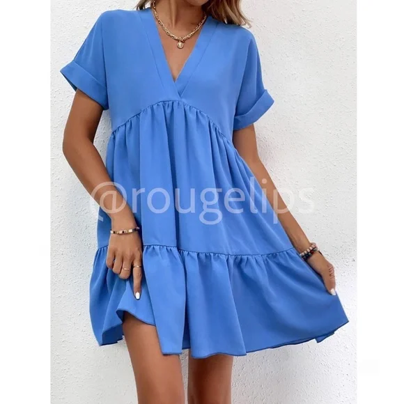 Blue Short Sleeve Loose Fitting Mini Dress V-Neck Ruffle Flared Hem - Picture 1 of 8